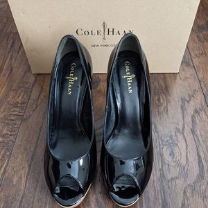 Cole Haan Nike Air Black Patent Leather Peep Toe Cork Platform Heels, size 9.5